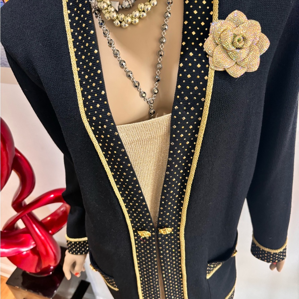 St. John Black Gold Blazer Trim 12 14 paillettes sequins evening embellished - Picture 10 of 10